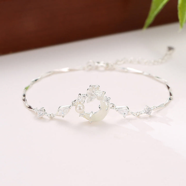 Pulsera de plata de ley 925 con circonita cúbica, perla y loto con jade hetiano y Buddha Stones