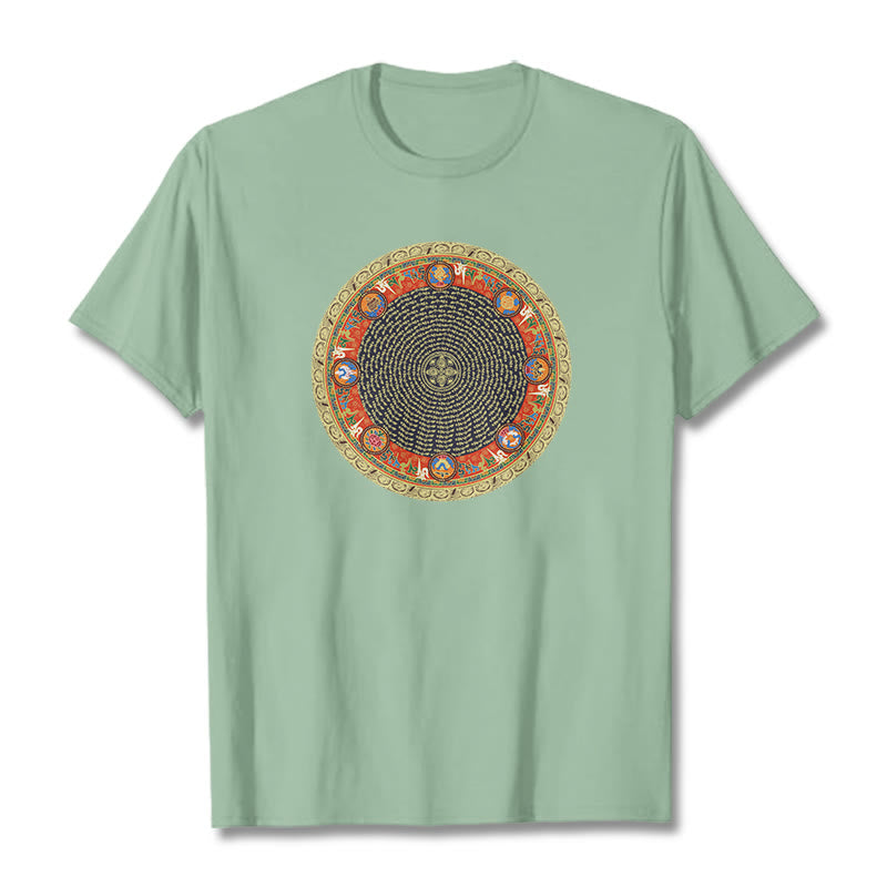 Camiseta de algodón con ocho símbolos auspiciosos y Buddha Stones en forma circular Om Mani Padme Hum - Verde pálido - 2XL - image 15