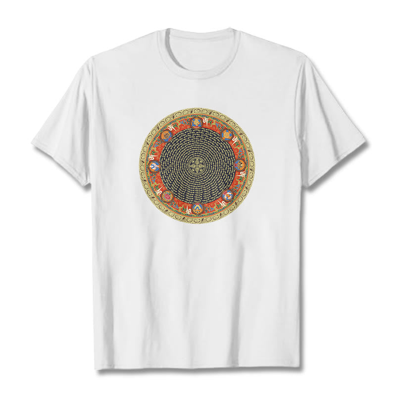 Camiseta de algodón con ocho símbolos auspiciosos y Buddha Stones en forma circular Om Mani Padme Hum - Blanco - 2XL - image 11