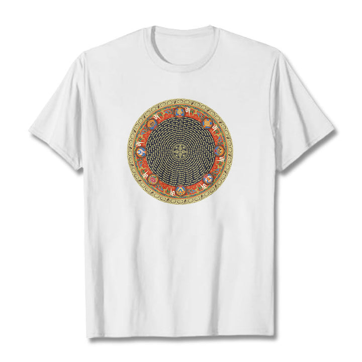 Camiseta de algodón con ocho símbolos auspiciosos y Buddha Stones en forma circular Om Mani Padme Hum - Blanco - 2XL - image 11