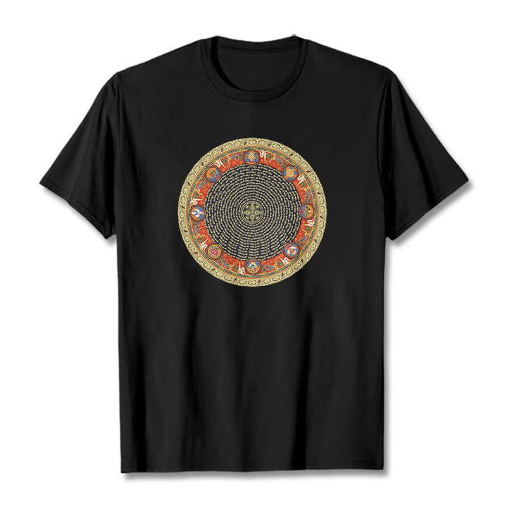 Camiseta de algodón con ocho símbolos auspiciosos y Buddha Stones en forma circular Om Mani Padme Hum - Negro - 2XL - image 5