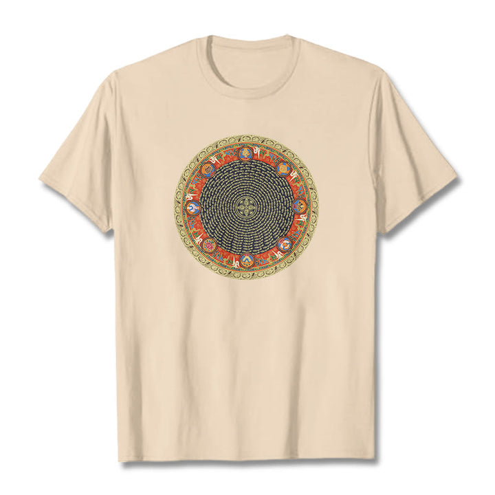 Camiseta de algodón con ocho símbolos auspiciosos y Buddha Stones en forma circular Om Mani Padme Hum - Sopa de mariscos - 2XL - image 9