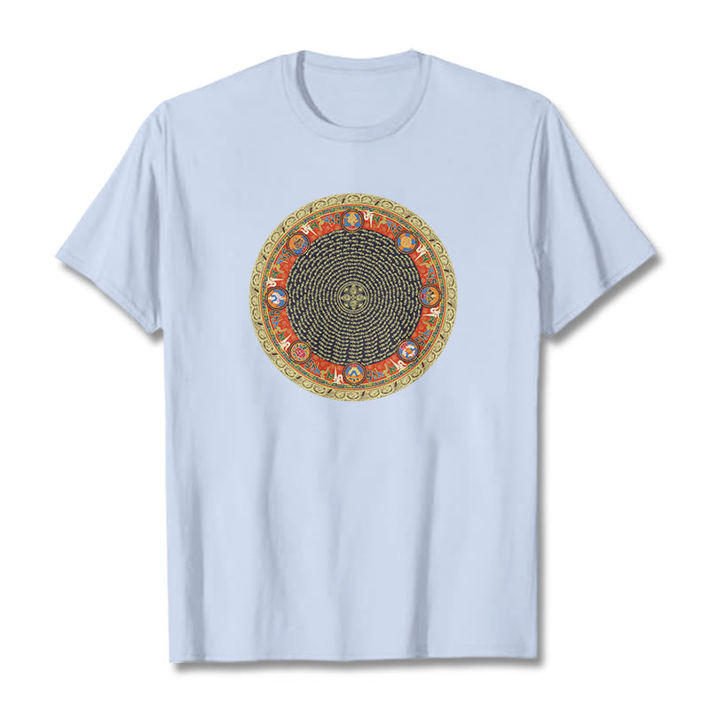 Camiseta de algodón con ocho símbolos auspiciosos y Buddha Stones en forma circular Om Mani Padme Hum - Cian claro - 2XL - image 9