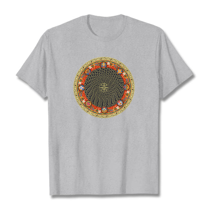 Camiseta de algodón con ocho símbolos auspiciosos y Buddha Stones en forma circular Om Mani Padme Hum - Gris claro - 2XL - image 1