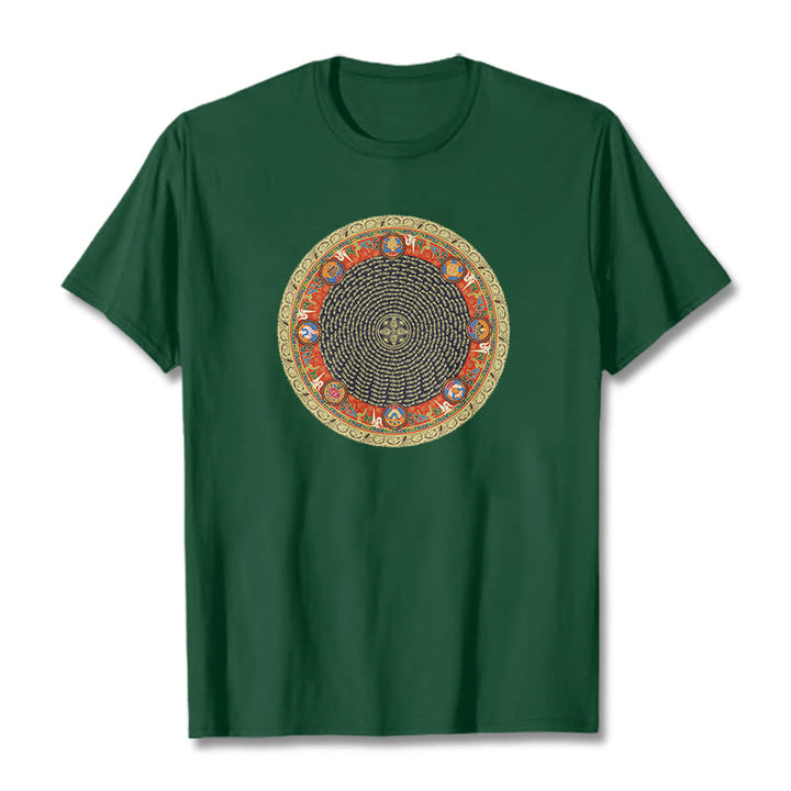 Camiseta de algodón con ocho símbolos auspiciosos y Buddha Stones en forma circular Om Mani Padme Hum - Verde bosque - 2XL - image 2