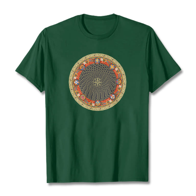 Camiseta de algodón con ocho símbolos auspiciosos y Buddha Stones en forma circular Om Mani Padme Hum - Verde bosque - 2XL - image 1