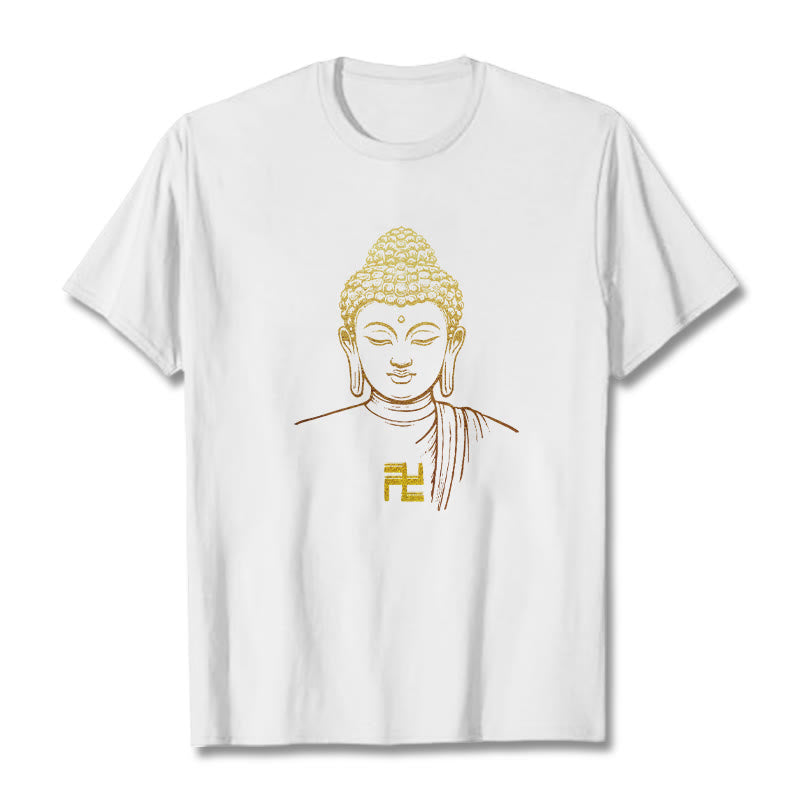 Camiseta de algodón con estampado de esvástica y Buddha Stones y Buda dorado - Blanco - 2XL - image 0