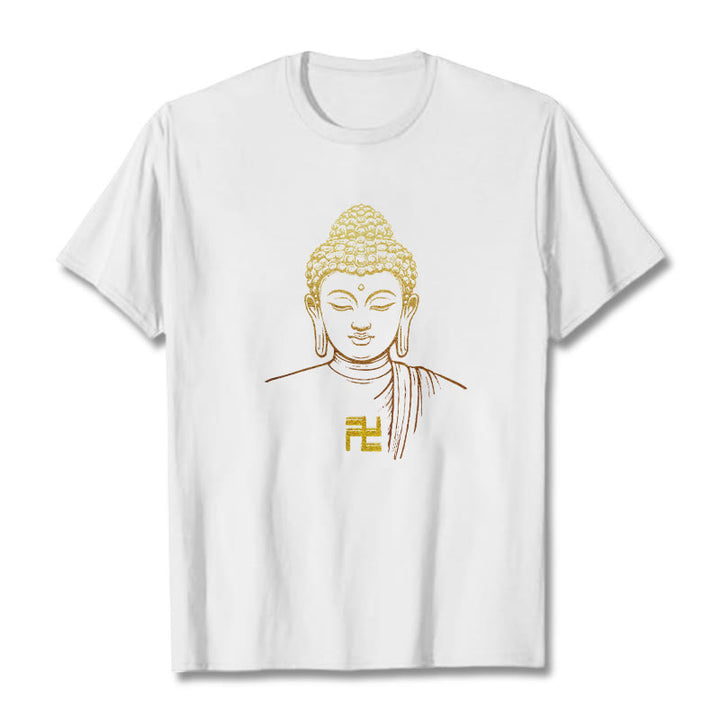 Camiseta de algodón con estampado de esvástica y Buddha Stones y Buda dorado - Blanco - 2XL - image 0