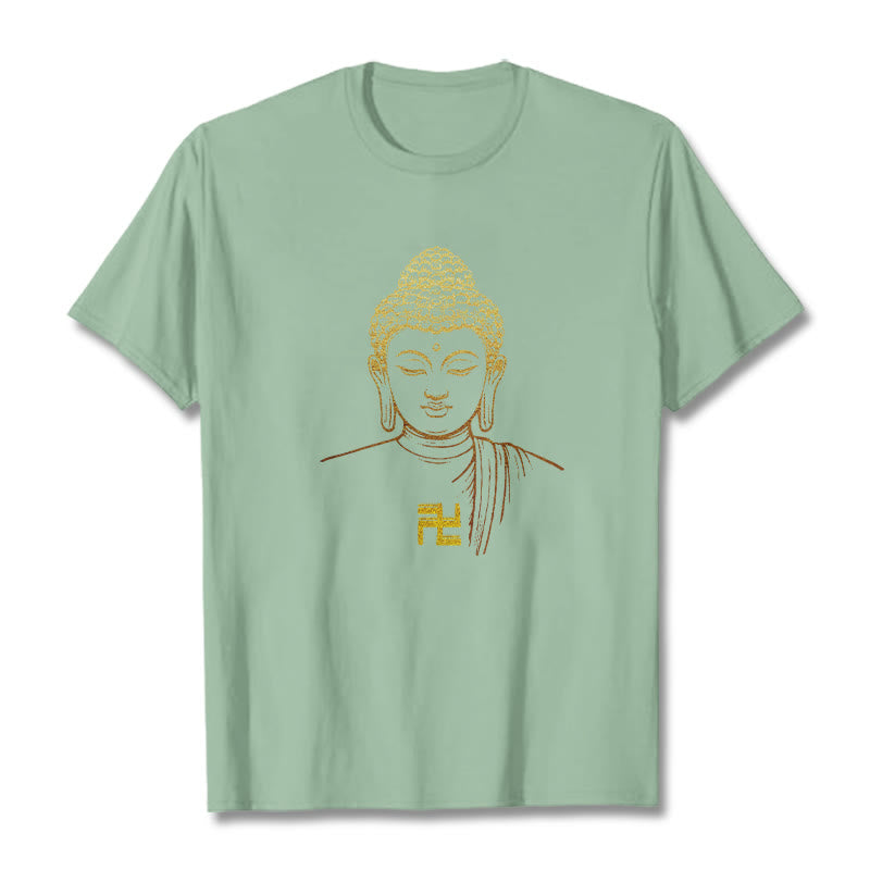 Camiseta de algodón con estampado de esvástica y Buddha Stones y Buda dorado - Verde pálido - 2XL - image 12