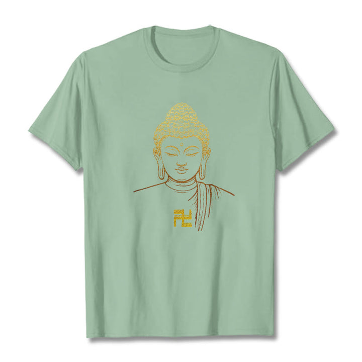 Camiseta de algodón con estampado de esvástica y Buddha Stones y Buda dorado - Verde pálido - 2XL - image 12