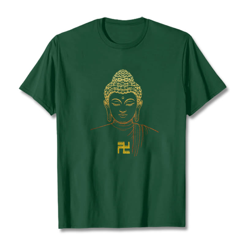 Camiseta de algodón con estampado de esvástica y Buddha Stones y Buda dorado - Verde bosque - 2XL - image 8