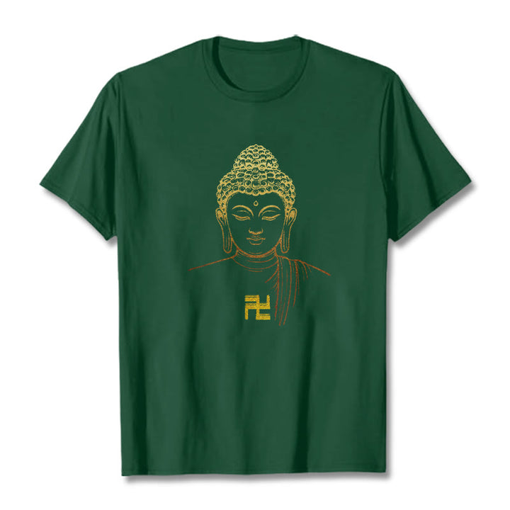 Camiseta de algodón con estampado de esvástica y Buddha Stones y Buda dorado - Verde bosque - 2XL - image 8