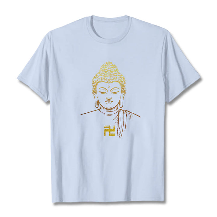 Camiseta de algodón con estampado de esvástica y Buddha Stones y Buda dorado - Cian claro - 2XL - image 16
