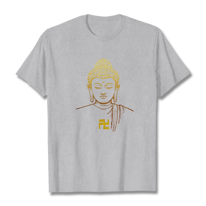 Camiseta de algodón con estampado de esvástica y Buddha Stones y Buda dorado - Gris claro - 2XL - image 17
