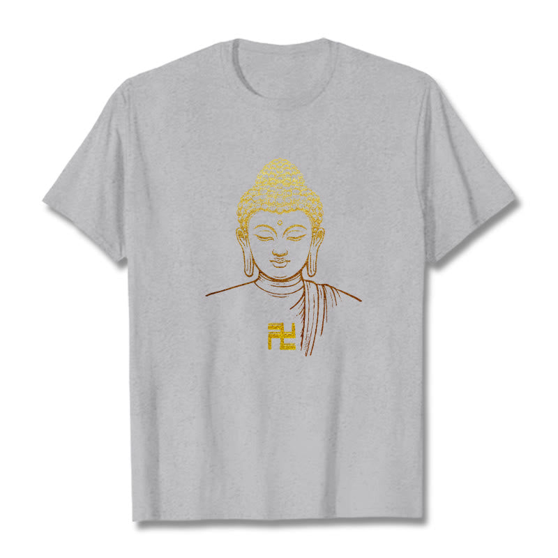 Camiseta de algodón con estampado de esvástica y Buddha Stones y Buda dorado - Gris claro - 2XL - image 18