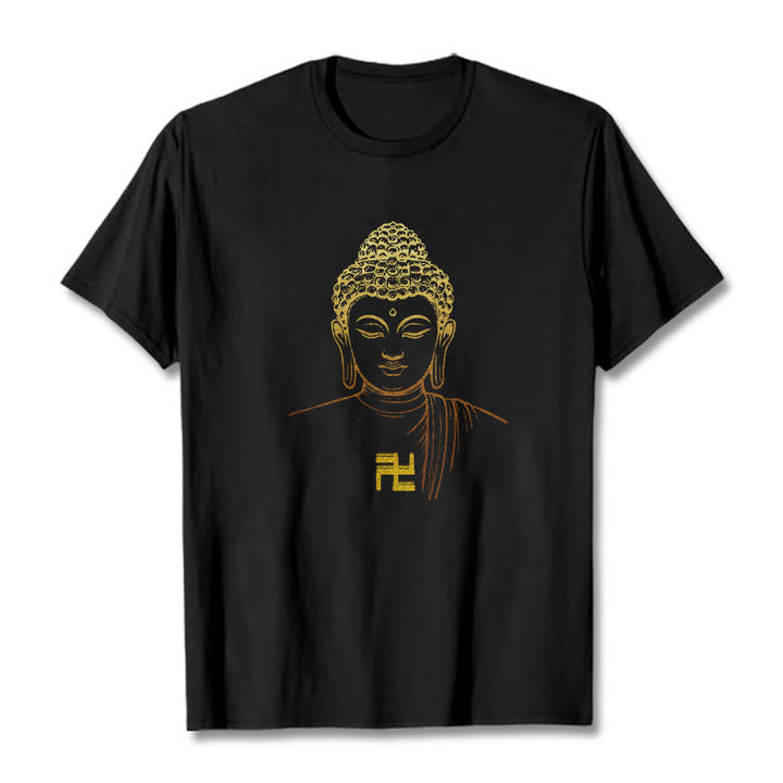 Camiseta de algodón con estampado de esvástica y Buddha Stones y Buda dorado - Negro - 2XL - image 4