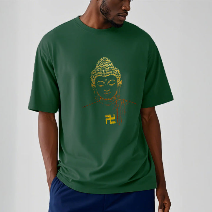 Camiseta de algodón con estampado de esvástica y Buddha Stones y Buda dorado - image 9