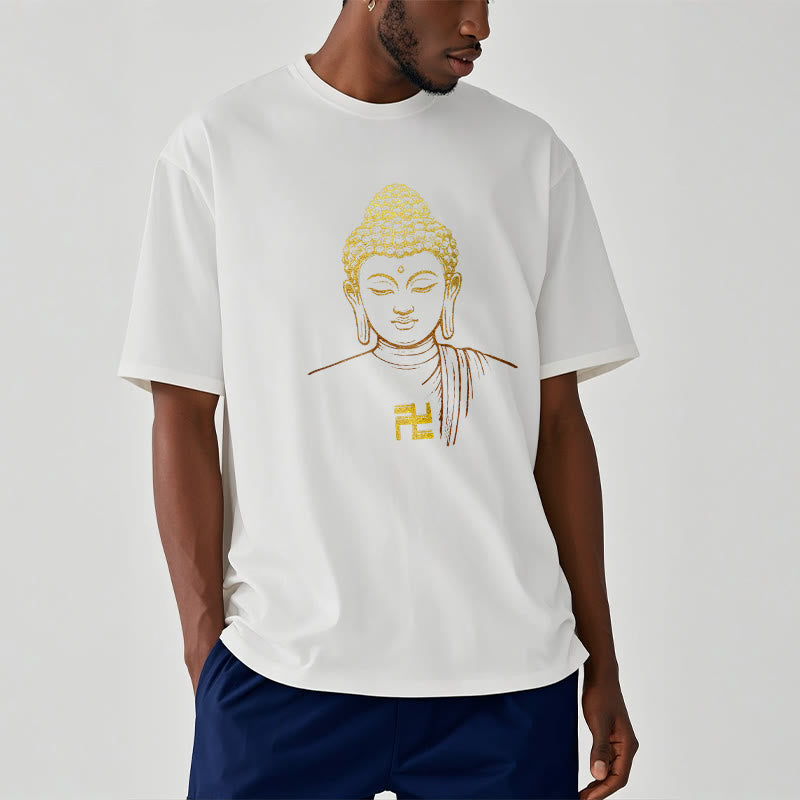 Camiseta de algodón con estampado de esvástica y Buddha Stones y Buda dorado - image 3