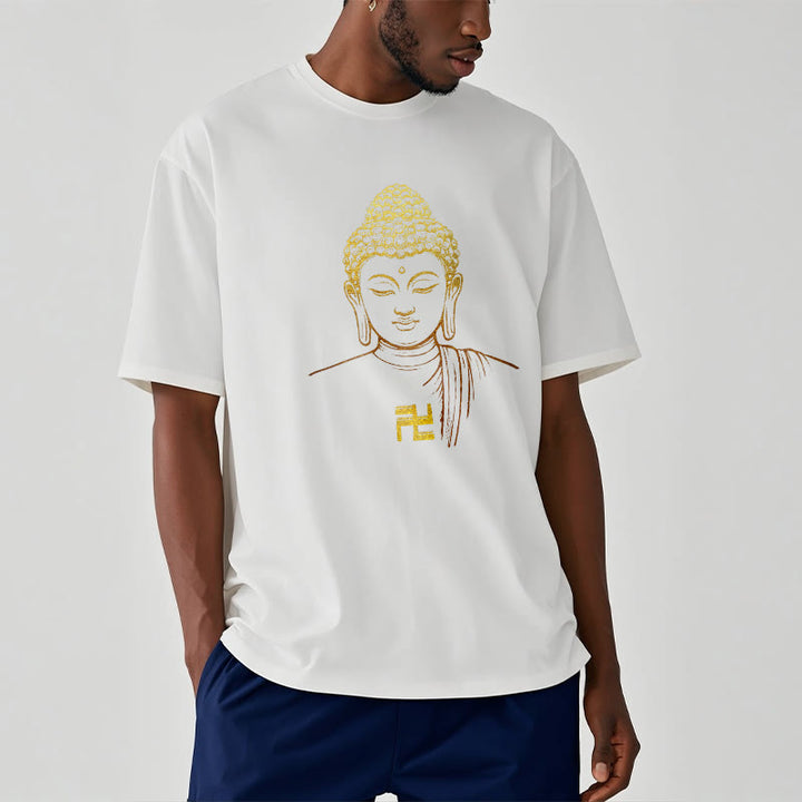 Camiseta de algodón con estampado de esvástica y Buddha Stones y Buda dorado - image 3