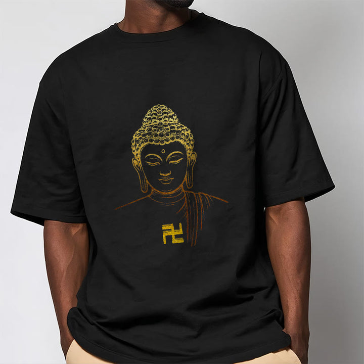 Camiseta de algodón con estampado de esvástica y Buddha Stones y Buda dorado - image 5