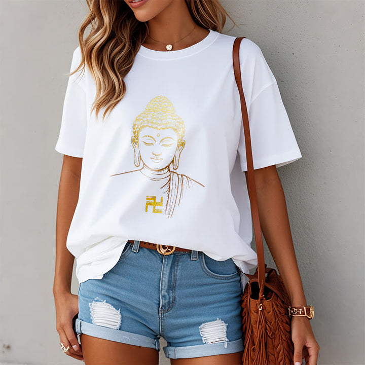 Camiseta de algodón con estampado de esvástica y Buddha Stones y Buda dorado - image 1