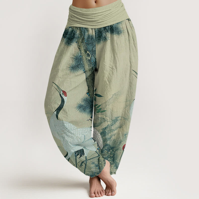 Pantalón tipo harem de cintura elástica para mujer, estilo casual, con estampado de Buddha Stones, grullas de corona roja, pinos y montaña. - Verde mar oscuro - US22，UK/AU26，EU54 (6XL) - image 4