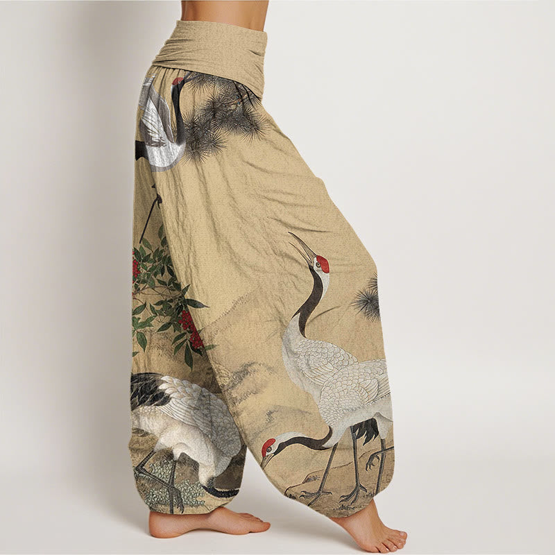 Pantalones harén con cintura elástica para mujer, estilo casual, con diseño de grulla de corona roja y pino en la montaña, con piedras de Buddha Stones - image 1