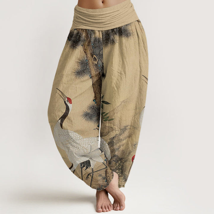 Pantalones harén con cintura elástica para mujer, estilo casual, con diseño de grulla de corona roja y pino en la montaña, con piedras de Buddha Stones - Trigo - US22，UK/AU26，EU54 (6XL) - image 1