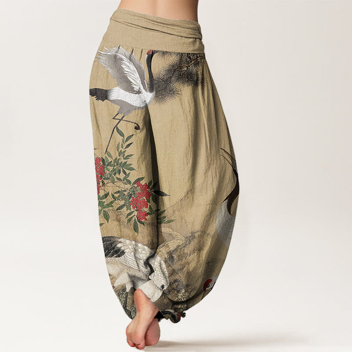 Pantalón tipo harem de cintura elástica para mujer, estilo casual, con estampado de Buddha Stones, grullas de corona roja, pinos y montaña. - image 2