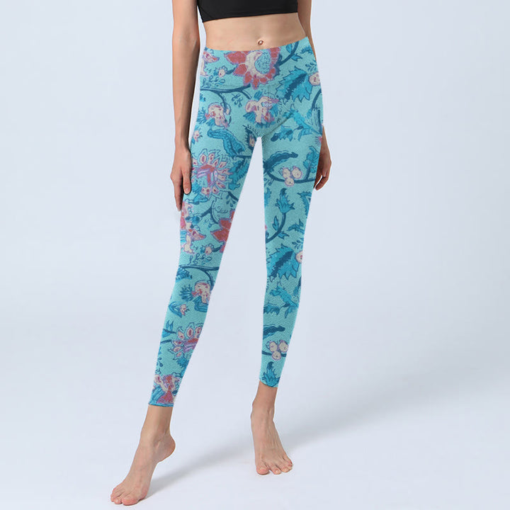Leggings de yoga para mujer con estampado de hojas, flores y Buddha Stones en azul y rojo - image 6