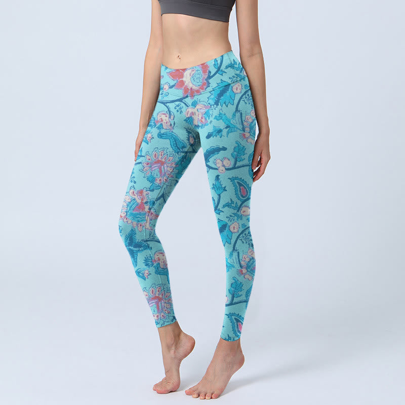 Leggings de yoga para mujer con estampado de hojas, flores y Buddha Stones en azul y rojo - Celeste - US18，UK/AU22，EU50 (4XL) - image 1