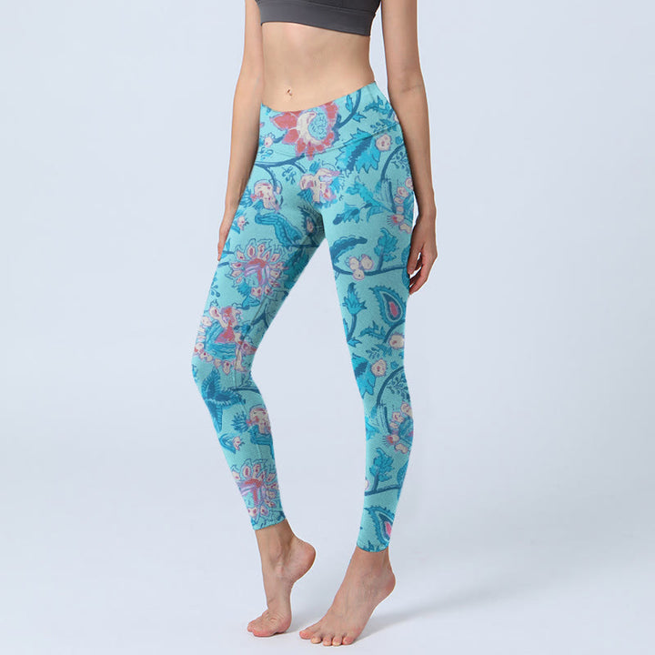 Leggings de yoga para mujer con estampado de hojas, flores y Buddha Stones en azul y rojo - Celeste - US18，UK/AU22，EU50 (4XL) - image 1
