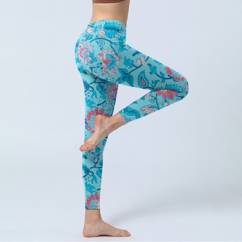 Leggings de yoga para mujer con estampado de hojas, flores y Buddha Stones en azul y rojo - image 4