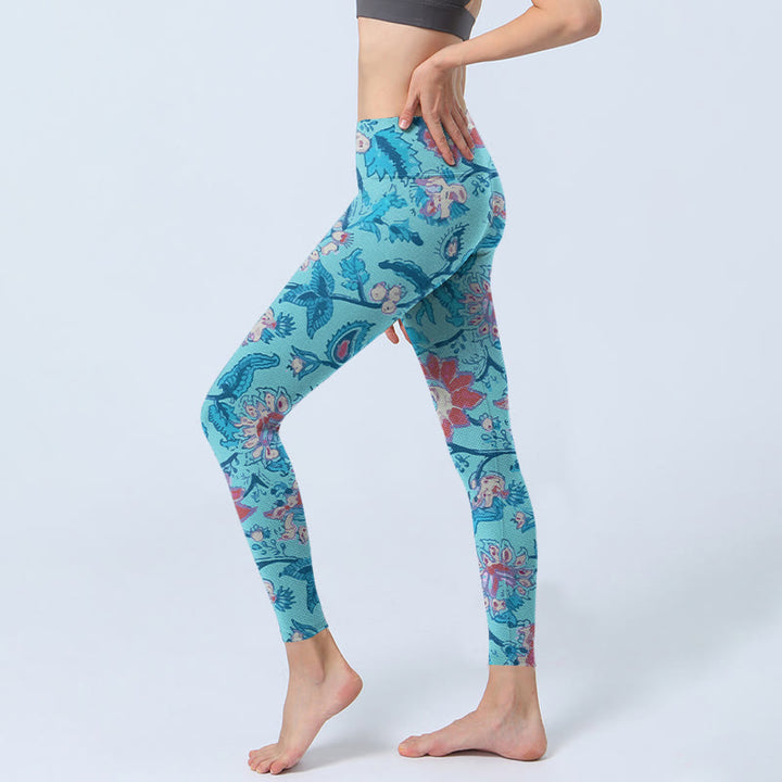 Leggings de yoga para mujer con estampado de hojas, flores y Buddha Stones en azul y rojo - image 3