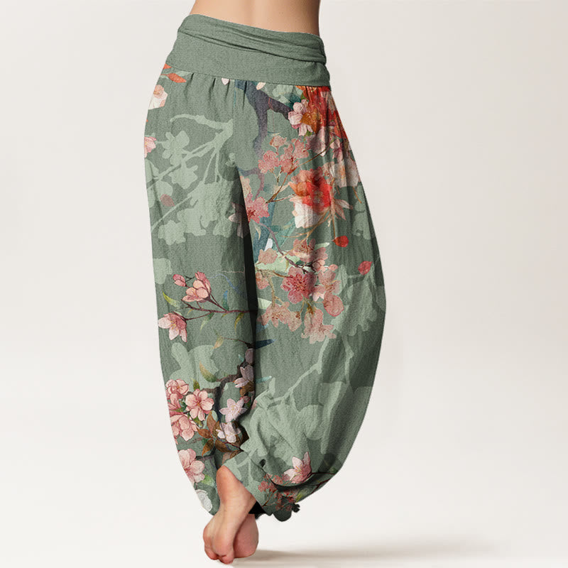 Pantalones harén con cintura elástica para mujer , con Buddha Stones, flores florecientes rojas y rosas, ramas exuberantes - image 2
