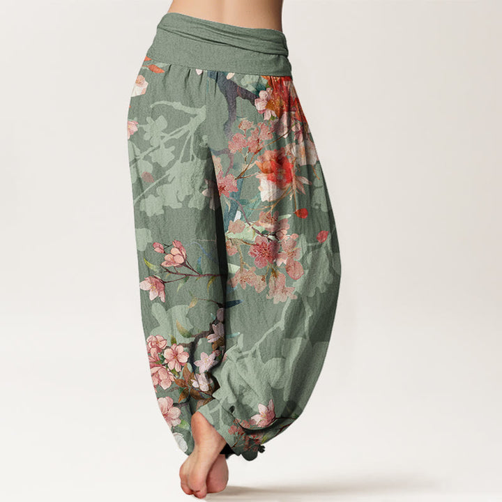Pantalones harén con cintura elástica para mujer , con Buddha Stones, flores florecientes rojas y rosas, ramas exuberantes - image 2