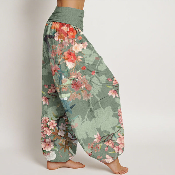 Pantalones harén con cintura elástica para mujer , con Buddha Stones, flores florecientes rojas y rosas, ramas exuberantes - image 1