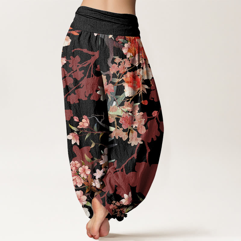 Pantalones harén con cintura elástica para mujer , con Buddha Stones, flores florecientes rojas y rosas, ramas exuberantes - image 6
