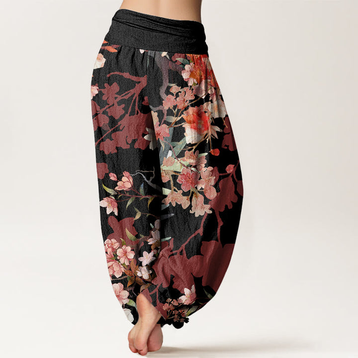 Pantalones harén con cintura elástica para mujer , con Buddha Stones, flores florecientes rojas y rosas, ramas exuberantes - image 6