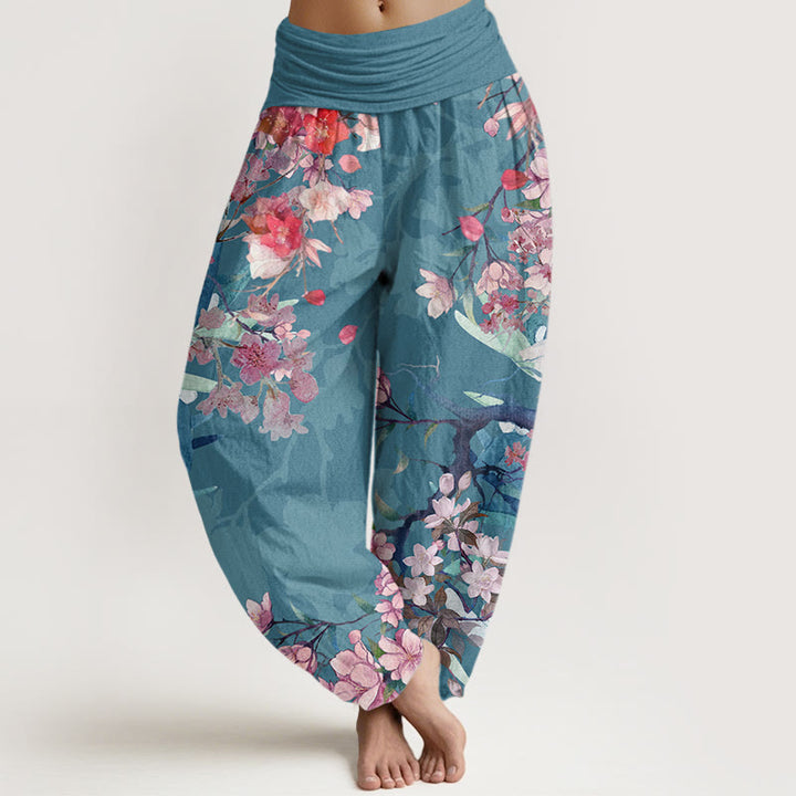 Pantalones harén con cintura elástica para mujer , con Buddha Stones, flores florecientes rojas y rosas, ramas exuberantes - Cian oscuro - US22，UK/AU26，EU54 (6XL) - image 7