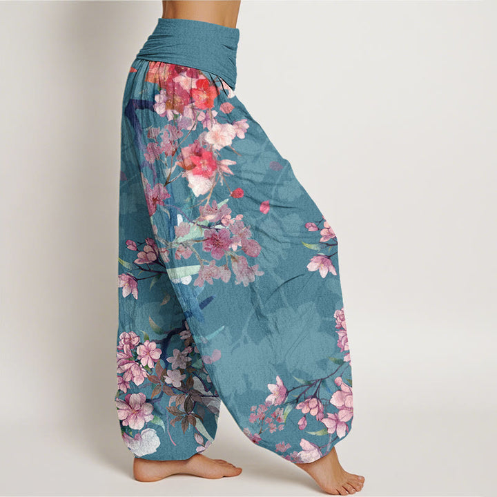 Pantalones bombachos de cintura elástica para mujer con estampado de flores rojas y rosas en algodón con Buddha Stones y exuberantes ramas. - image 8