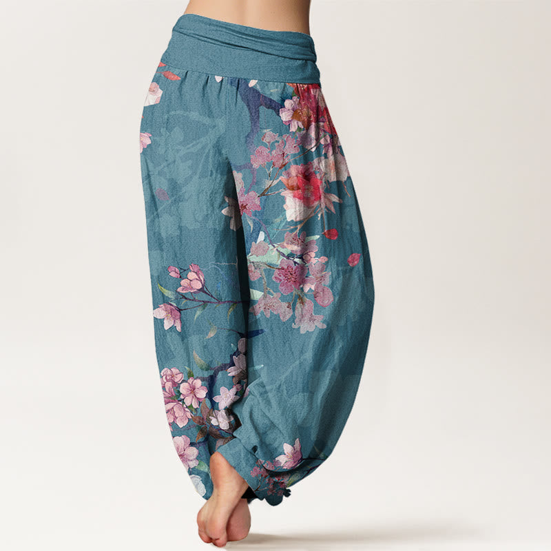 Pantalones harén con cintura elástica para mujer , con Buddha Stones, flores florecientes rojas y rosas, ramas exuberantes - image 9