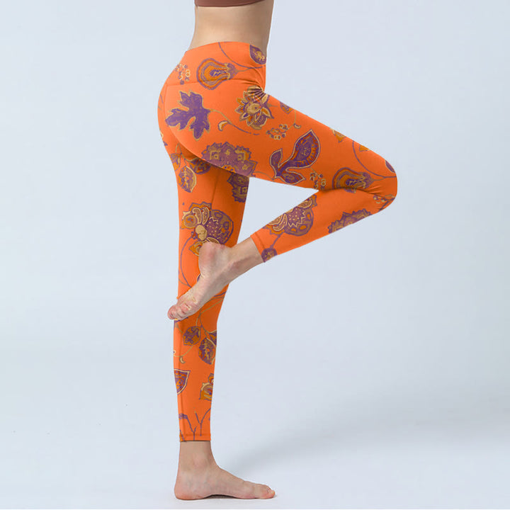Leggings de yoga para mujer con estampado de flores, hojas de arce y naranja y piedras de Buddha Stones - image 3