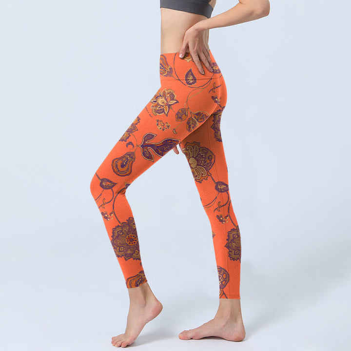 Leggings de yoga para mujer con estampado de flores, hojas de arce y naranja y piedras de Buddha Stones - image 3