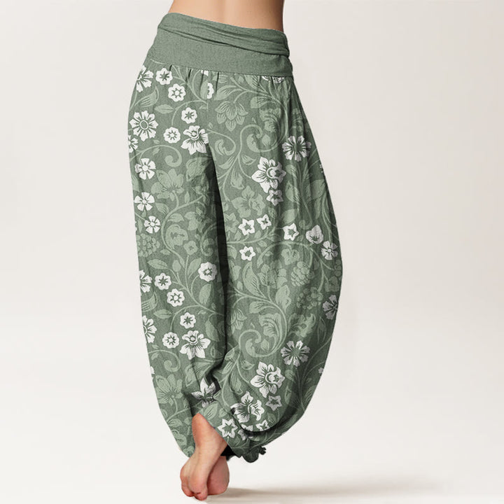 Pantalones harén de cintura elástica para mujer con ramas entrelazadas y pequeñas flores y Buddha Stones - image 2