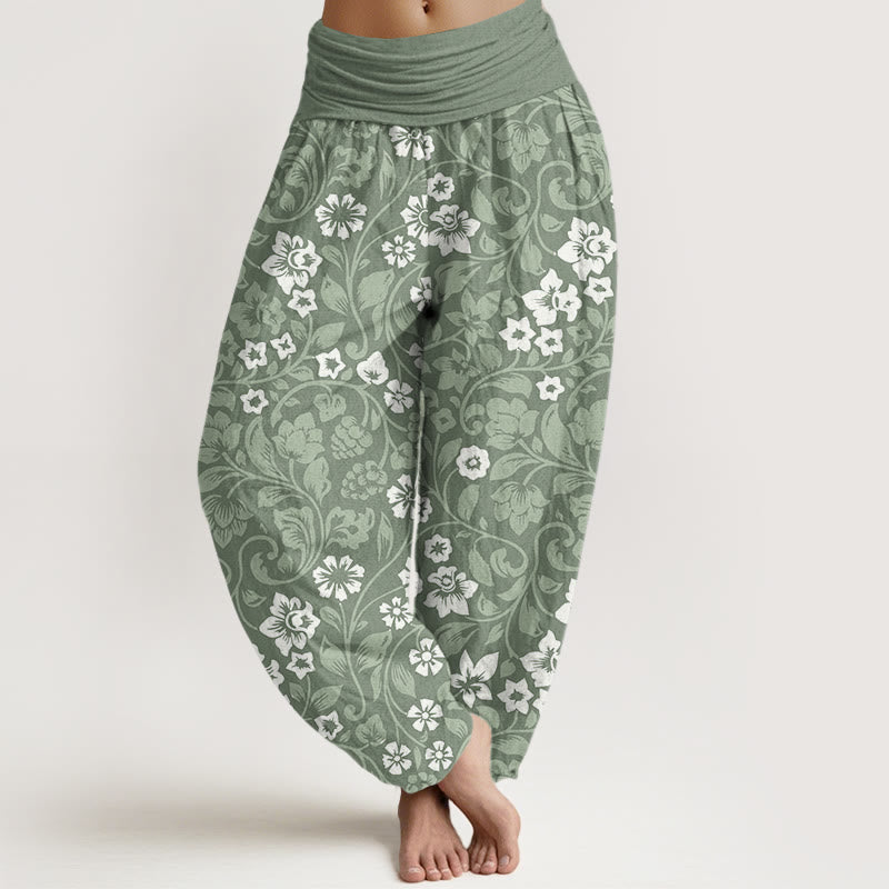 Pantalones harén de cintura elástica para mujer con ramas entrelazadas y pequeñas flores y Buddha Stones - Verde mar oscuro - US22，UK/AU26，EU54 (6XL) - image 0
