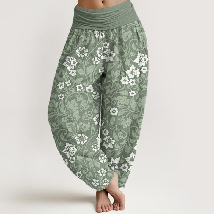 Pantalones harén de cintura elástica para mujer con ramas entrelazadas y pequeñas flores y Buddha Stones - Verde mar oscuro - US22，UK/AU26，EU54 (6XL) - image 0
