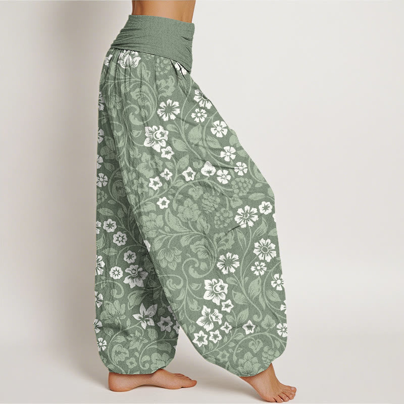 Pantalones harén de cintura elástica para mujer con ramas entrelazadas y pequeñas flores y Buddha Stones - image 1