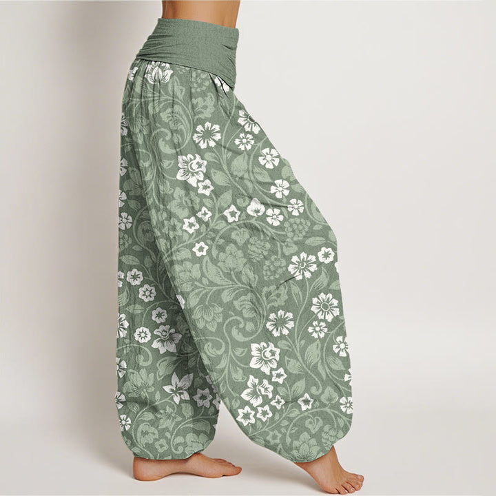 Pantalones harén de cintura elástica para mujer con ramas entrelazadas y pequeñas flores y Buddha Stones - image 1