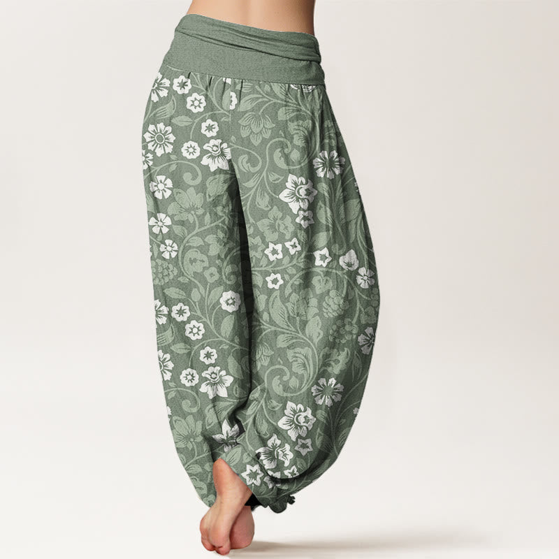 Pantalones bombachos de cintura elástica para mujer con estampado de pequeñas flores y ramas entrelazadas de algodón con Buddha Stones - image 2